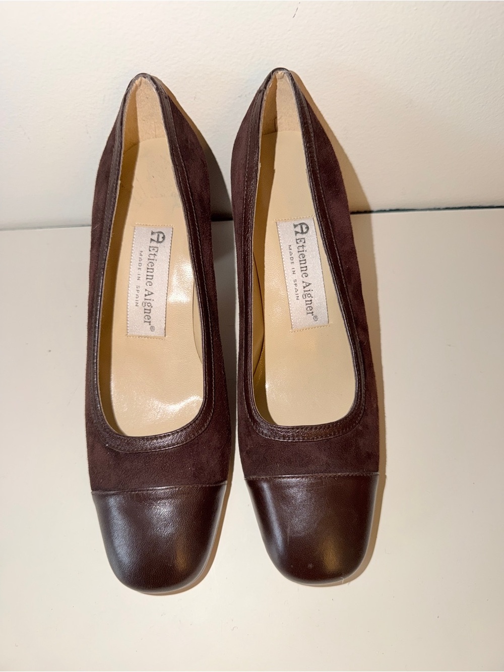 Etienne Aigner Women’s Sz 6M Heels. Brown Suede with leather toe. 3” Heel.